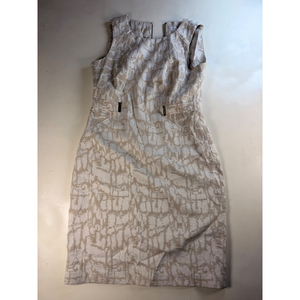 Calvin Klein Sheath Dress Womens 6 Tan Cream Abstract Jacquard Sleeveless